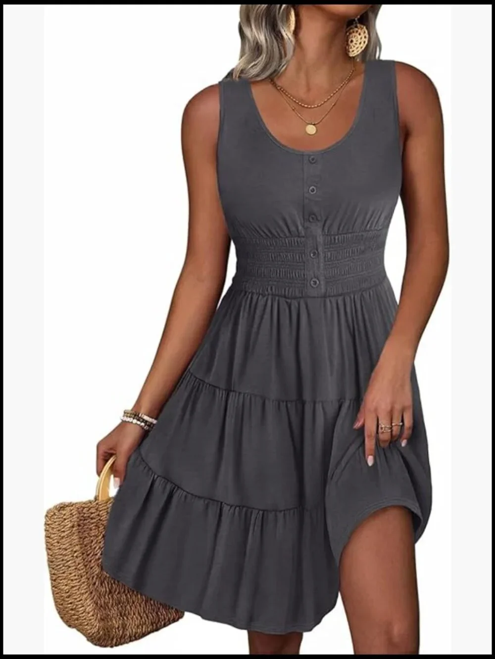 Sleeveless Sundress with Elastic Waist, Mini Dress, Rayon Polyester Blend